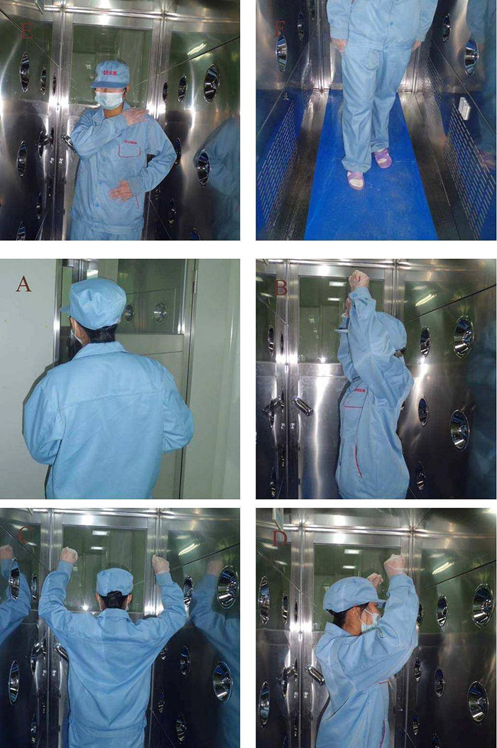 進(jìn)入風(fēng)淋室前無塵服應(yīng)穿著得當(dāng)，袖口和領(lǐng)口需拉緊，避免衣物內(nèi)外的塵埃進(jìn)入。